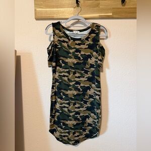 Heart Hips Olive & Tan Camo Cold-Shoulder Midi Dress